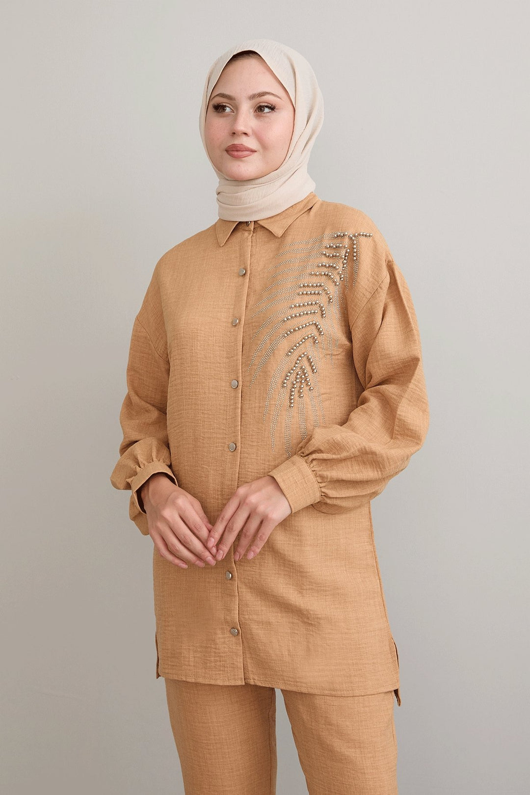 MDS Women Leaf Stone Processing Camel Linen Set - Enterprise