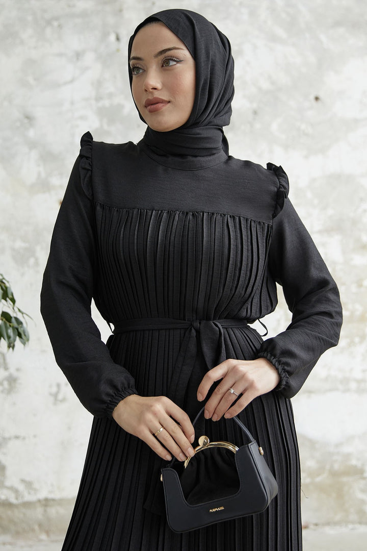 MDS Women Ruffle Trim Linen Dress with Puffed Shoulders - Black - Vitrolles