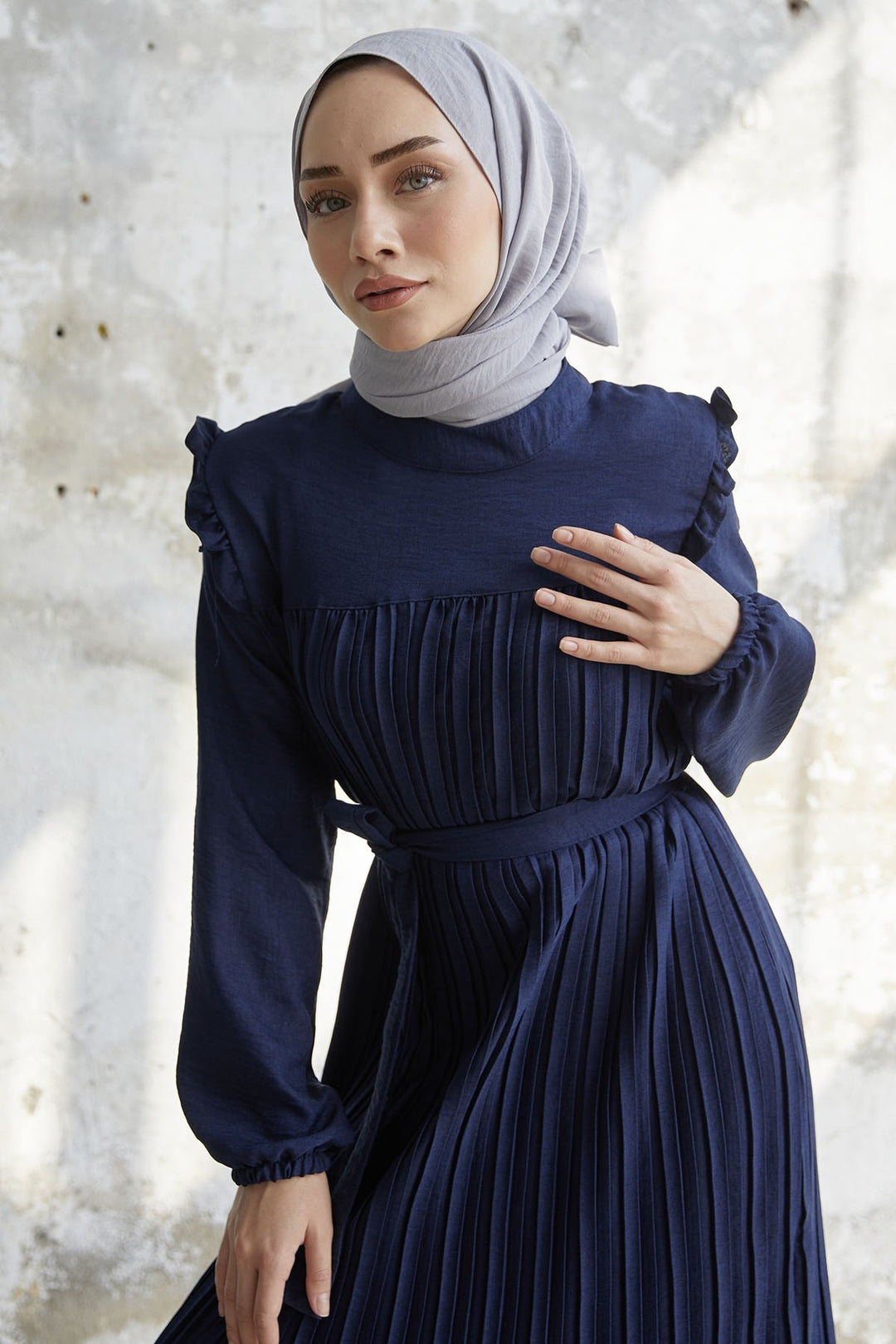 MDS Women Ruffle Trim Linen Dress with Puffed Shoulders - Navy - Seattle