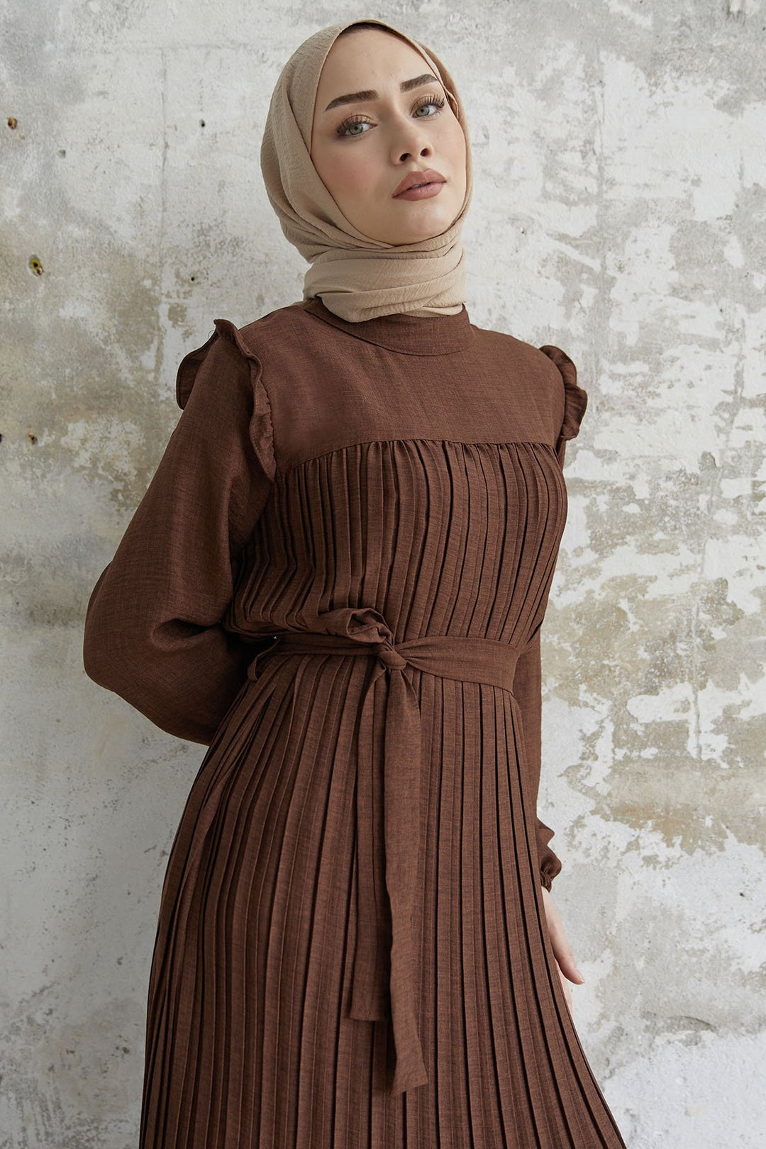 MDS Women Ruffle Trim Linen Dress with Puff Sleeves - Dark Brown - Ciudad López Mateos