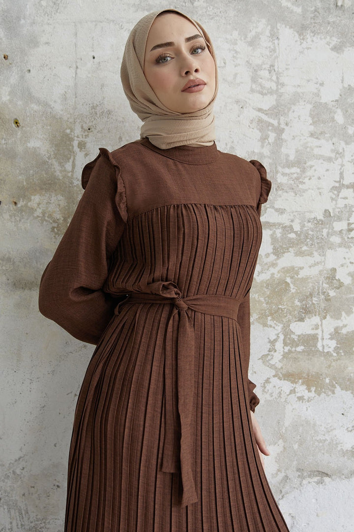 MDS Women Ruffle Trim Linen Dress with Puff Sleeves - Dark Brown - Ciudad López Mateos
