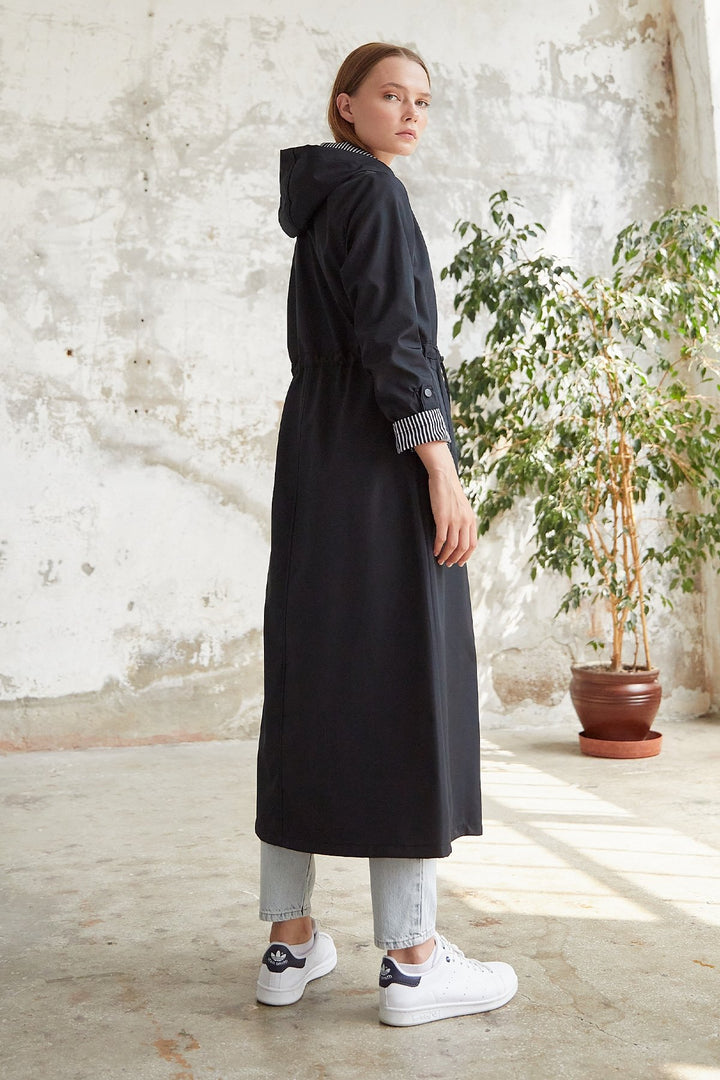 MDS Women Striped Patterned Long Trench Coat - Black - Alghero