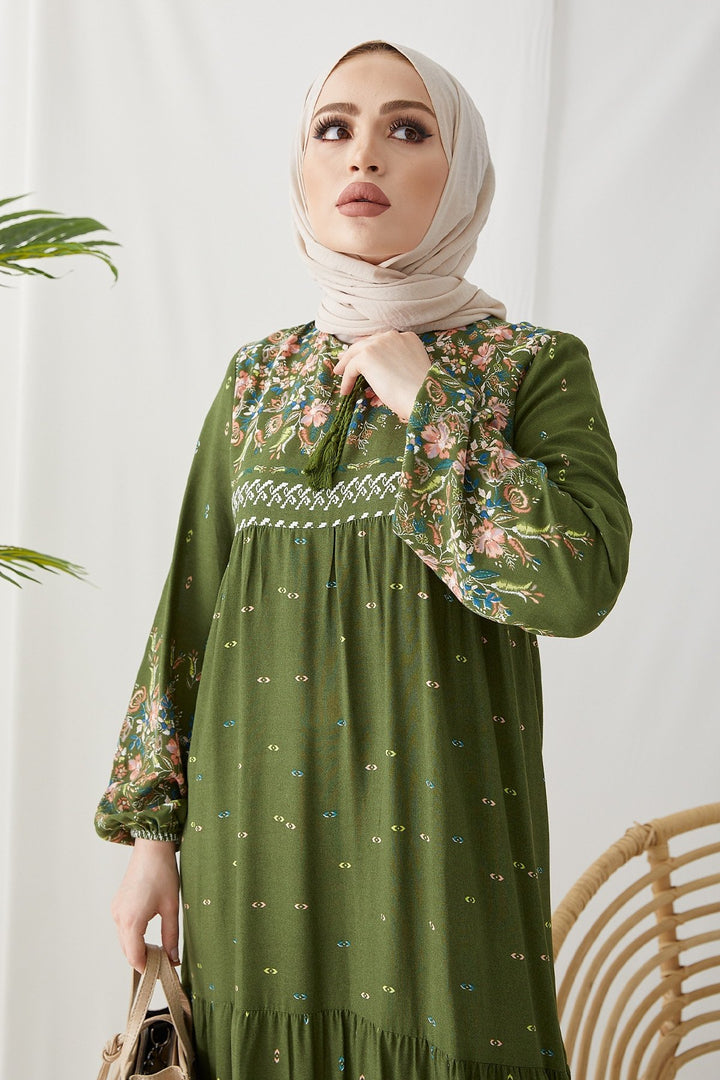 MDS Women Flowy Dress with Watery Pattern - Khaki - Valenciennes