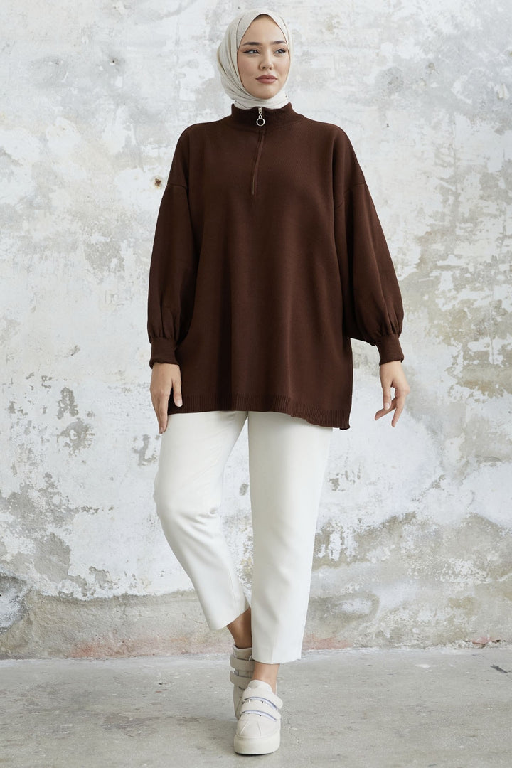 MDS Women Sara Zippered Knit Tunic - Bitter Brown - Cottage Grove