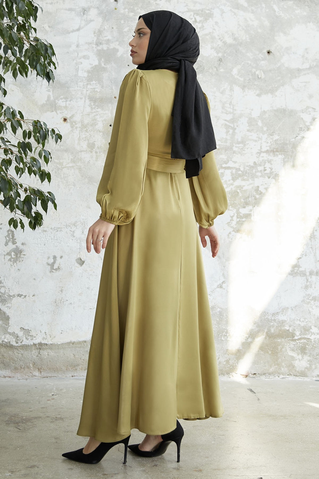 MDS Women Belted Balloon Sleeve Satin Dress - Pistachio Green - Perth