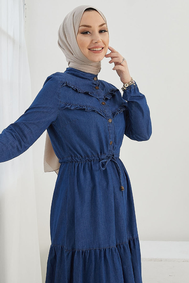 MDS Women Felen Frilly Detailed Denim Dress - Dark Blue - Pokrov