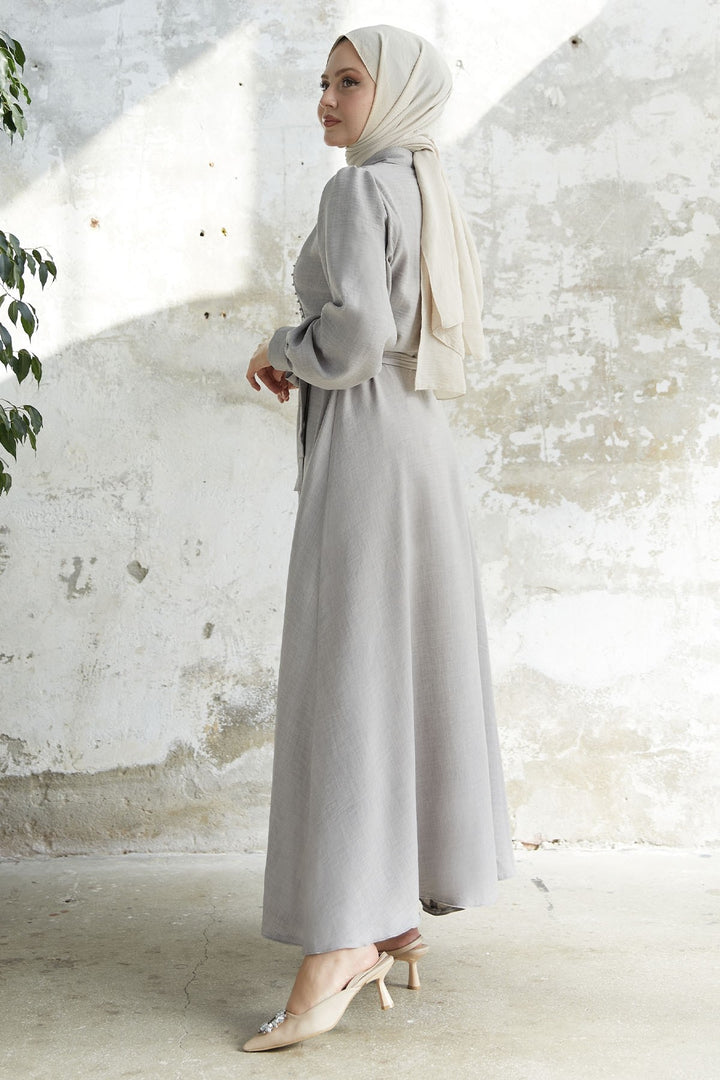 MDS Women Beaded Buttoned Linen Dress - Gray - Townsville