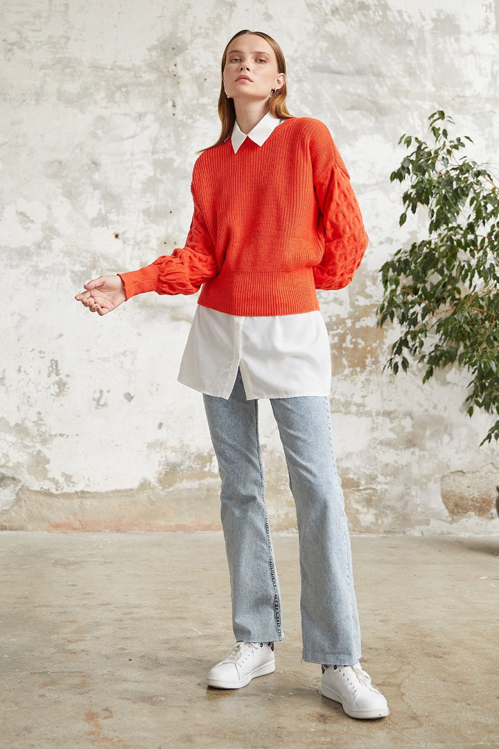 MDS Women Larisa Balloon Sleeve Knit Short Sweater - Orange - Caloundra