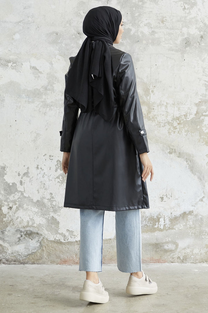 MDS Women Darina Belted Leather Trench Coat - Black - Agua Prieta