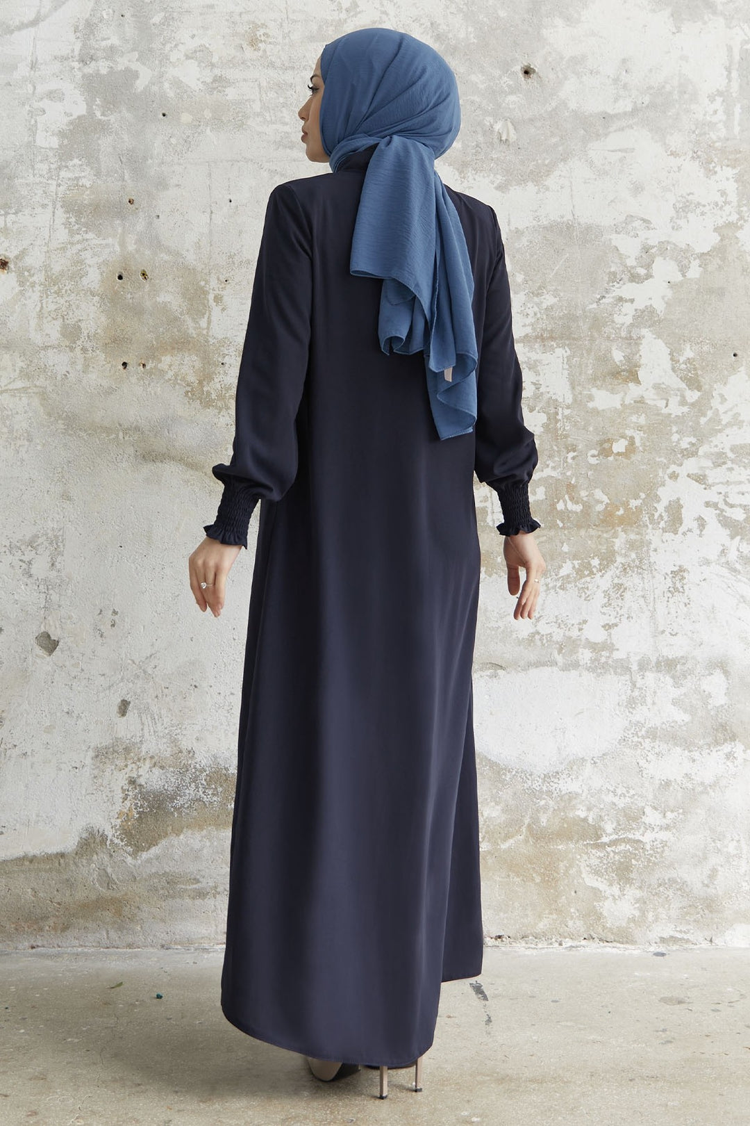 MDS Women Frilled Flared Asymmetric Cut Abaya - Navy Blue - Stolberg