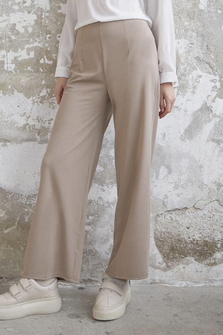 MDS Women Wide Leg High Waist Elastic Waist Pants - Stone - Nikopol