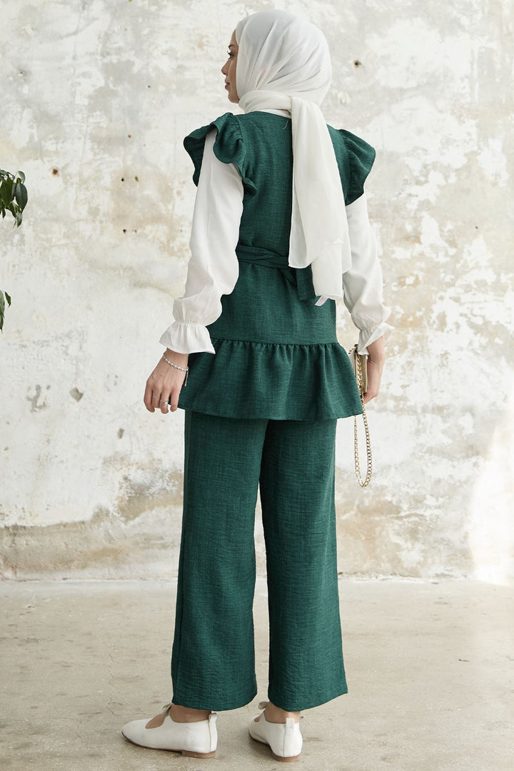 MDS Women Ruffled Shoulder Three Piece Set - Emerald Green - Waukesha