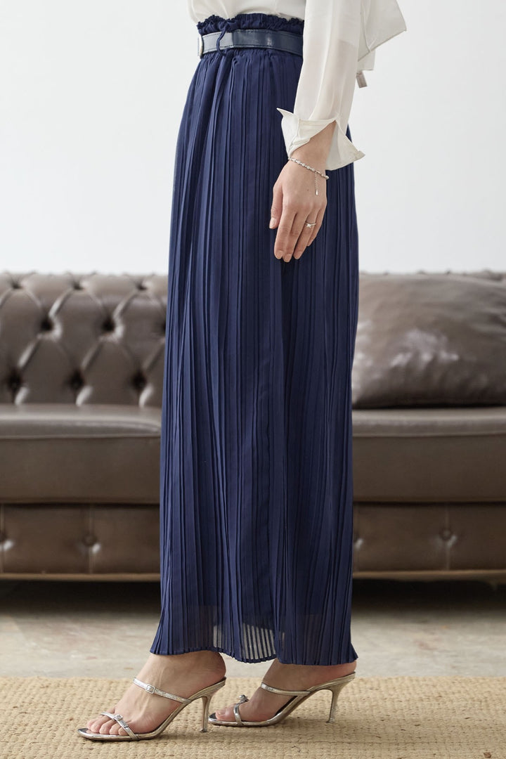 MDS Women Ruched Waist Chiffon Skirt with Belt - Navy Blue - Draguignan