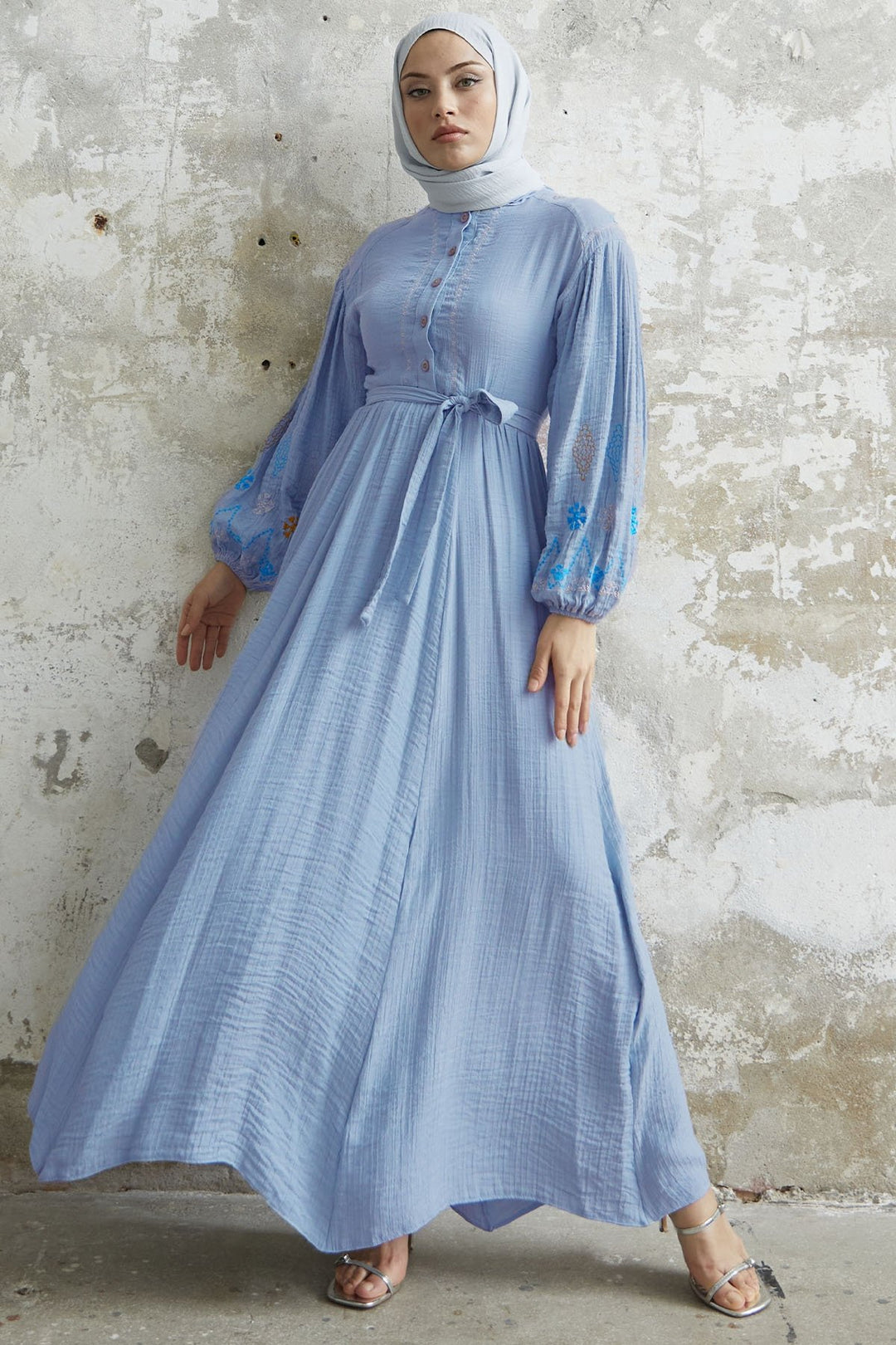 MDS Women Waffle Dress with Embroidered Sleeve - Baby Blue - Knoxville