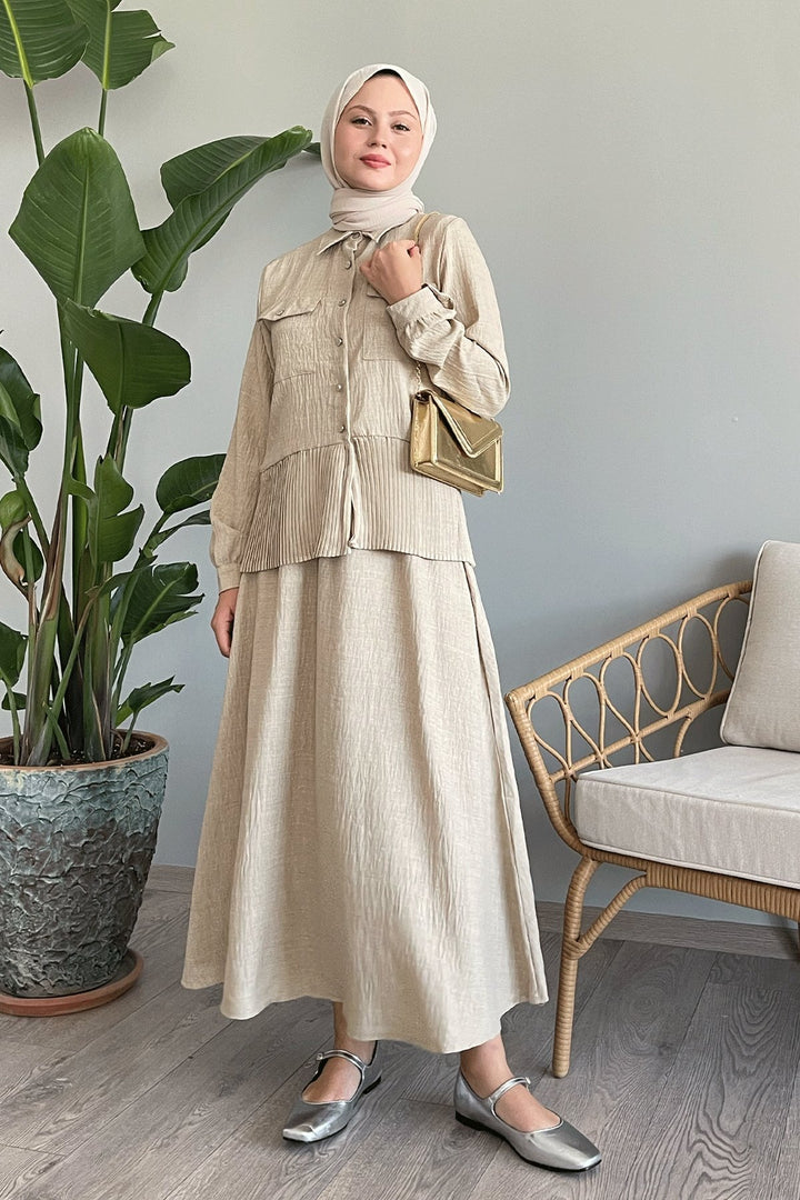 MDS Women Beige Linen Suit with Pleated Skirt - Northampton