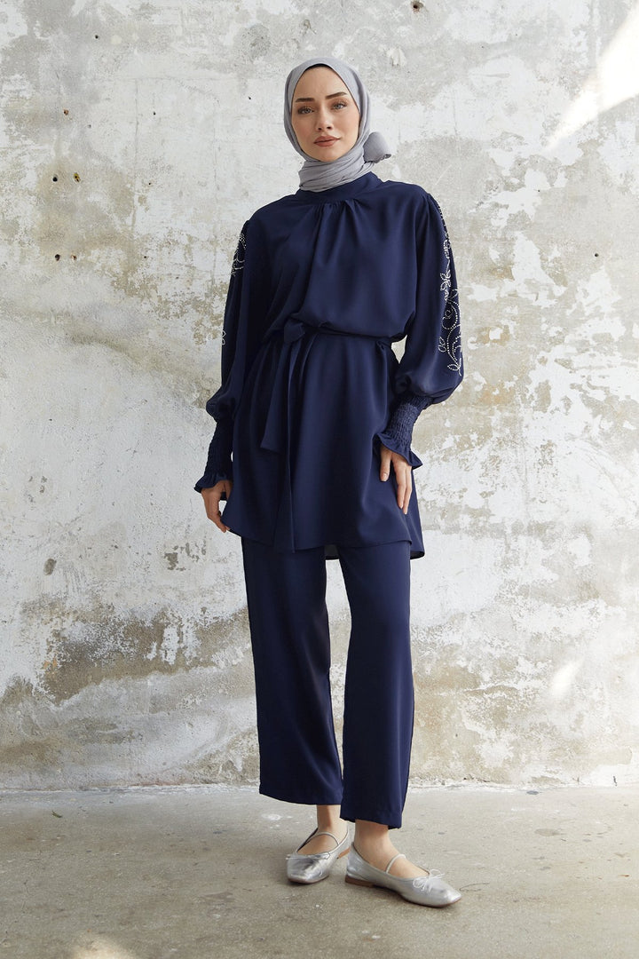 MDS Women Stone Detailed Balloon Sleeve Satin Set - Navy Blue - Wheaton