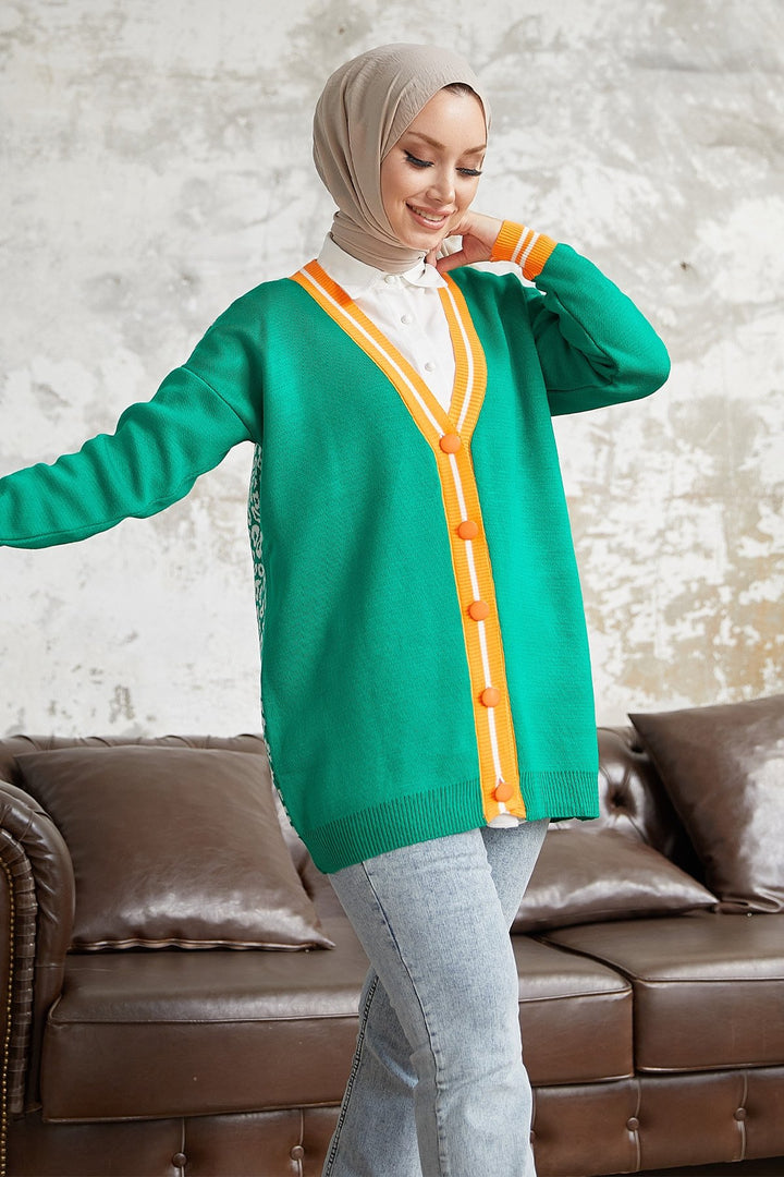 MDS Women Elda Back Patterned Knit Cardigan - Green - Hillsboro
