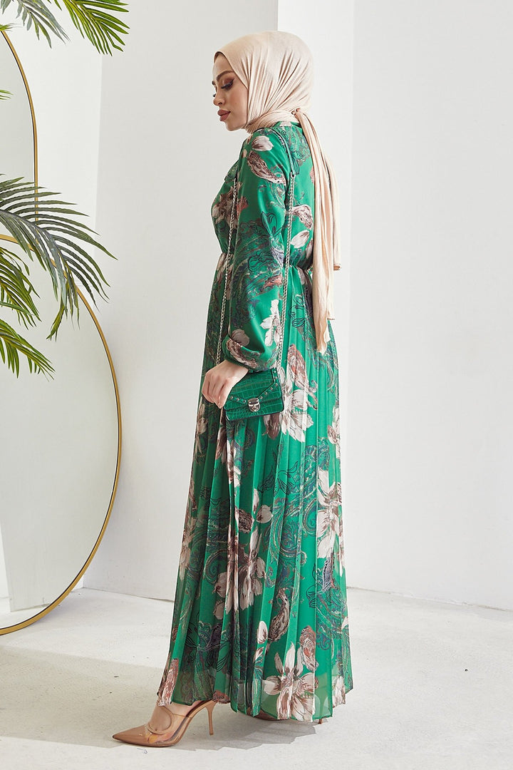 MDS Women Serena Flower Pattern Pleated Chiffon Dress - Emerald Green - Palencia