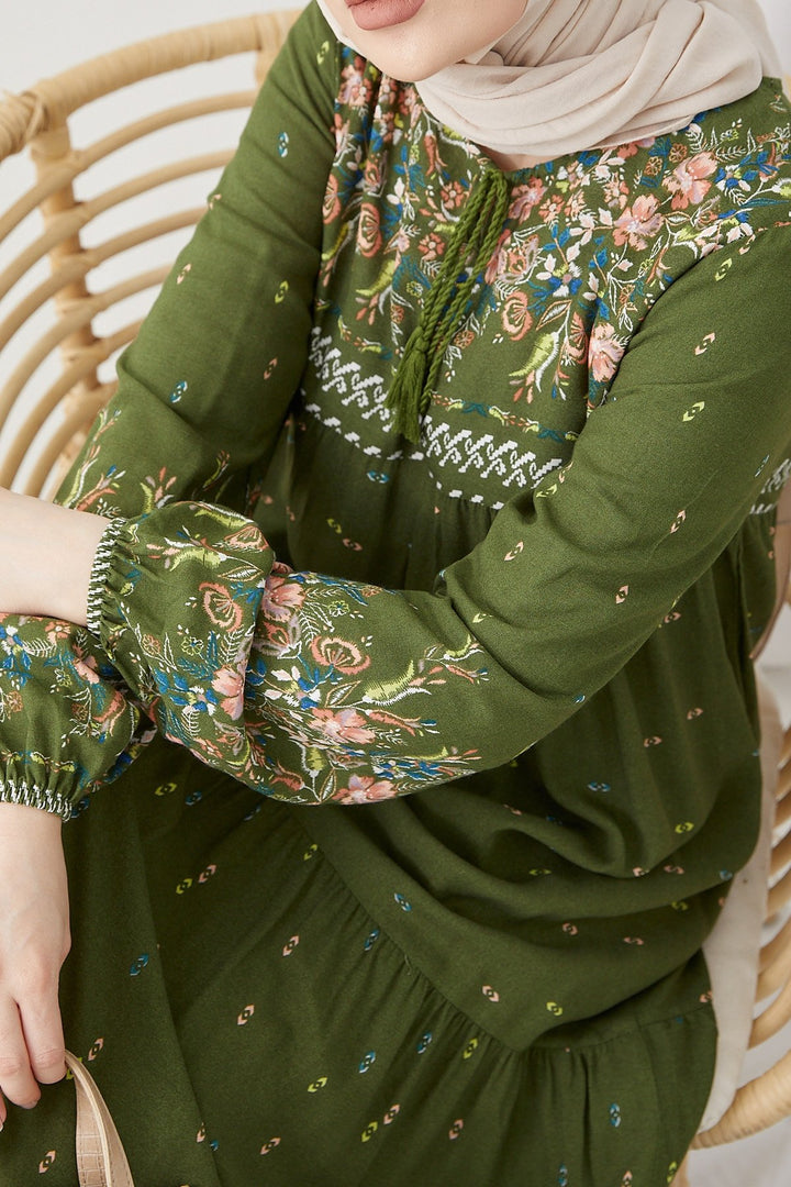 MDS Women Flowy Dress with Watery Pattern - Khaki - Valenciennes