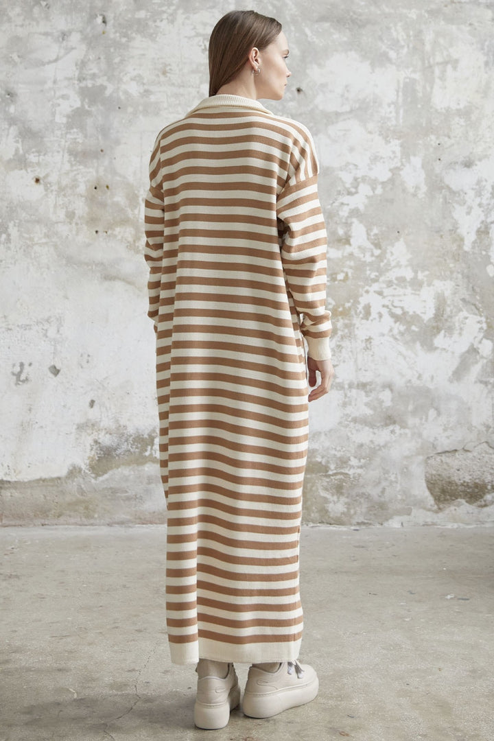 MDS Women Striped Knit Dress with Zippered Neck - Camel - Tournai