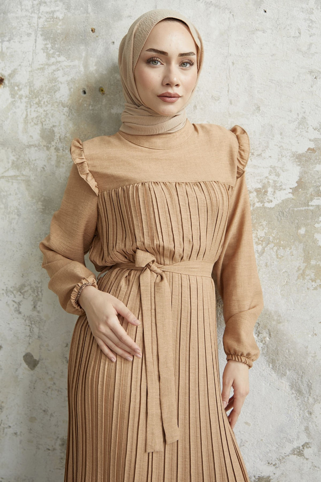 MDS Women Ruffle Trim Linen Dress with Puff Sleeves - Camel - Overland Park