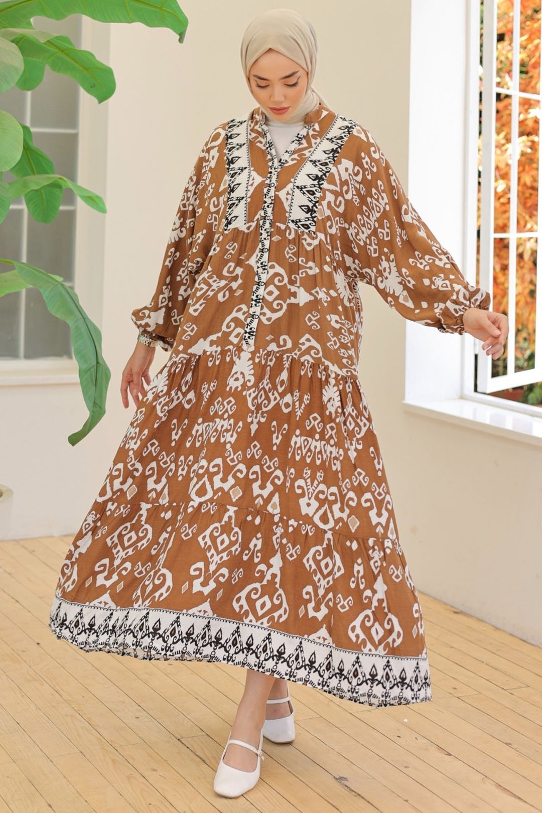 MDS Women Buttoned Loose Patterned Brown Viscose Dress - Marino