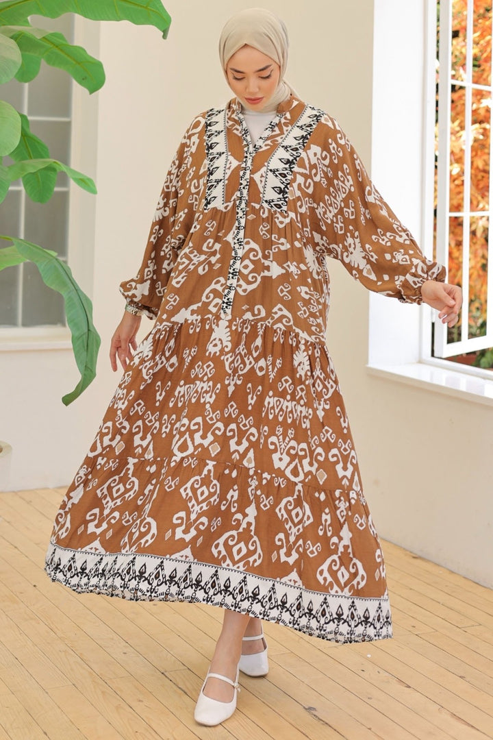 MDS Women Buttoned Loose Patterned Brown Viscose Dress - Marino