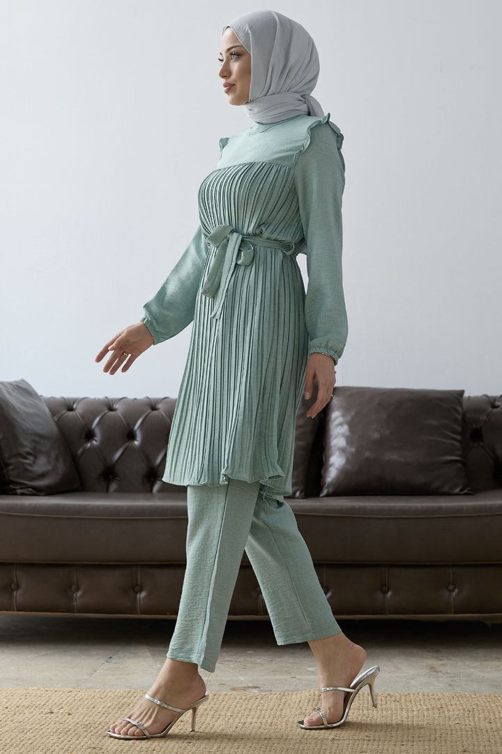 MDS Women Front Pleated Ruffle Detail Set - Water Green - Hofheim