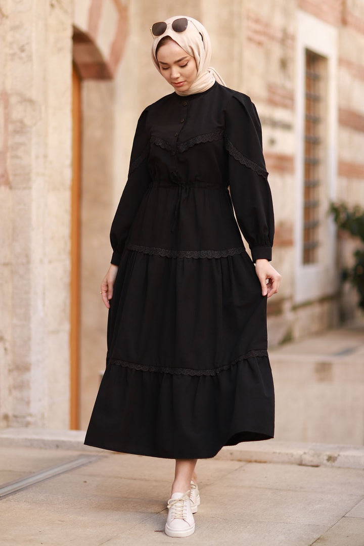 MDS Women Guipure Detail Balloon Sleeve Dress - Black - Battipaglia