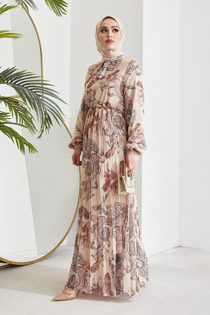 MDS Women Serena Flower Pattern Pleated Chiffon Dress - Beige - Jocotepec