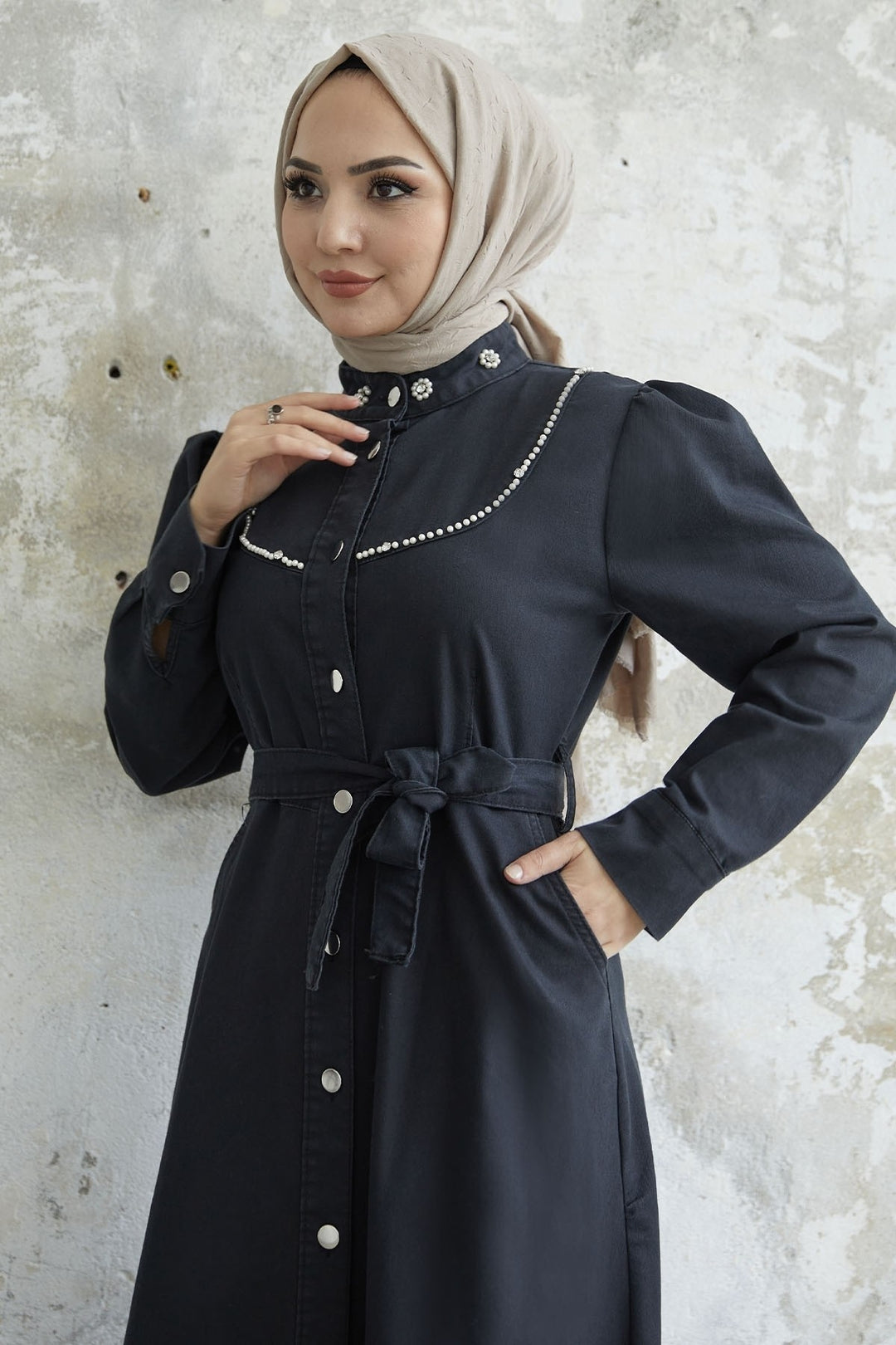 MDS Women Pearl Detail Belted Denim Dress - Grey - Suffolk