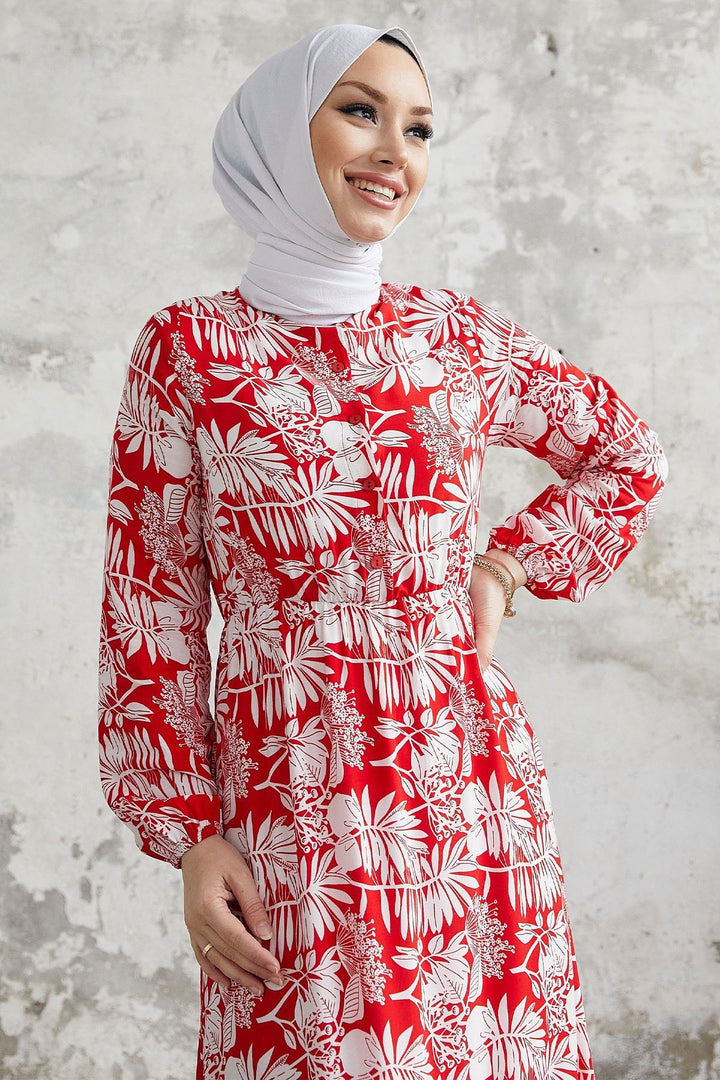 MDS Women Fale Complex Leaf Patterned Viscose Dress - Red - Ensenada
