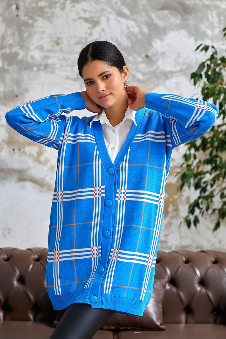 MDS Women Meri Checkered Knit Cardigan - Blue - Marinha Grande