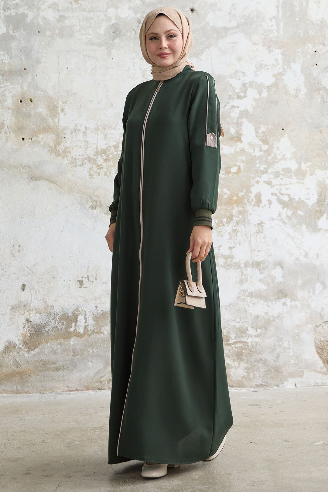 MDS Women Half-Collared Ribbed Khaki Abaya - Wokingham