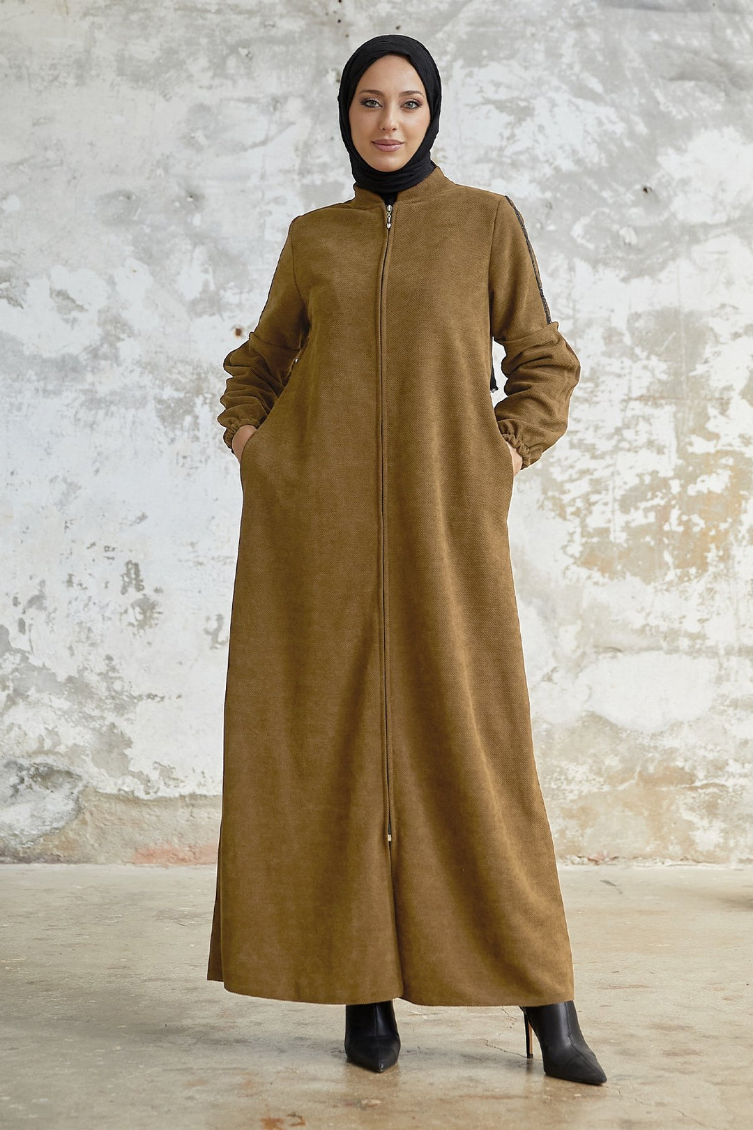 MDS Women Eleni Collar Button Detail Abaya - Light Brown - Melito di Napoli