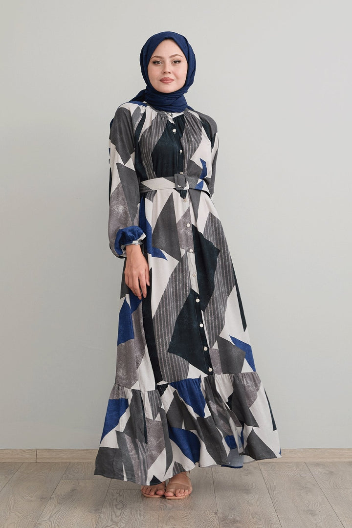 MDS Women Geometric Patterned Belted Anthracite Viscose Dress - Pulheim