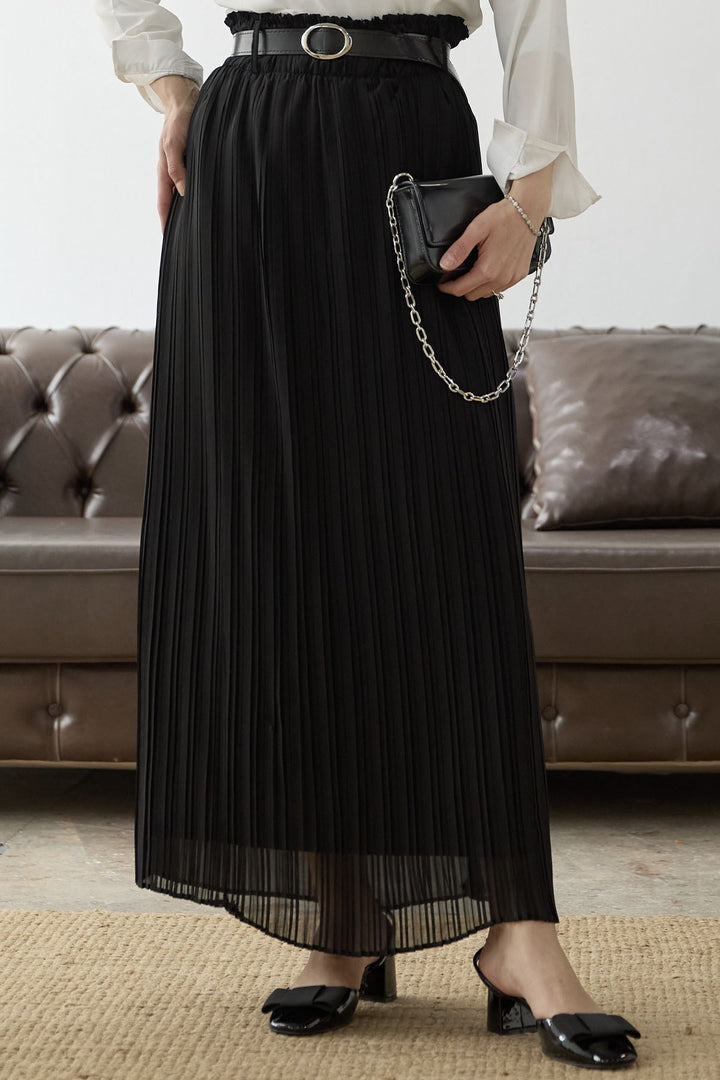 MDS Women Ruched Waist Chiffon Skirt with Belt - Black - Petaluma