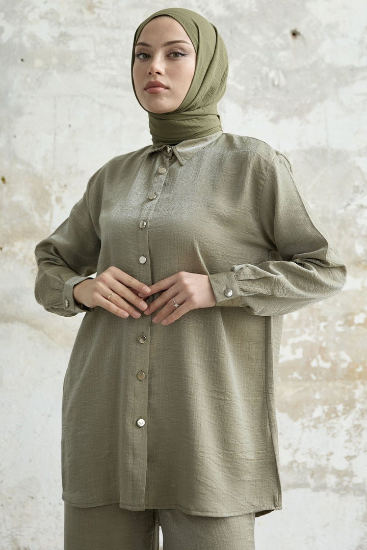 MDS Women Shirt Collar Sequined Two-Piece Set - Khaki - Sant’Eufemia Lamezia