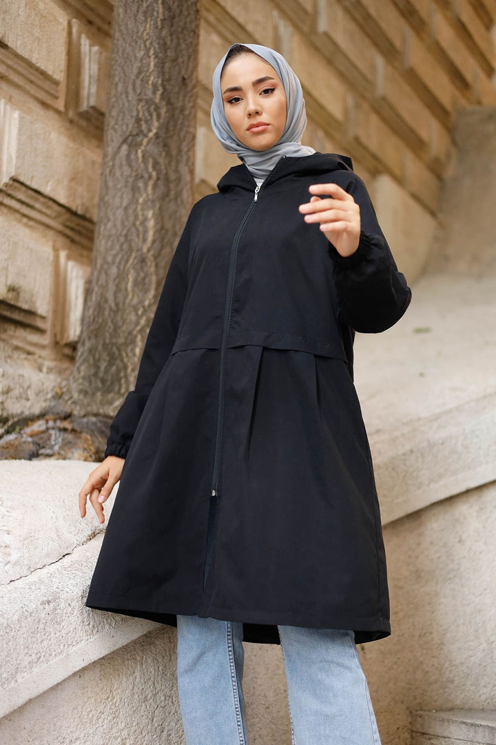 MDS Women Pile Detail Hooded Zippered Jacket - Black - Valle Hermoso
