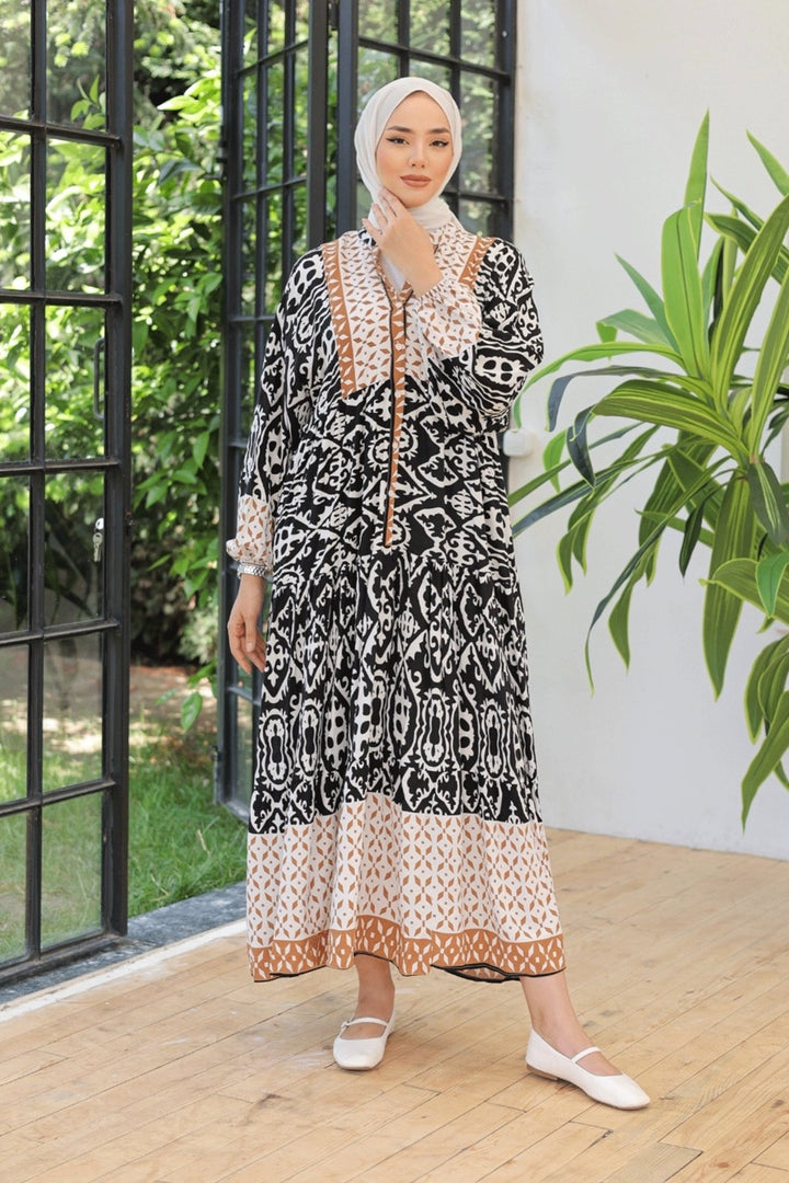 MDS Women Patterned Balloon Sleeve Black Viscose Dress - Wesel