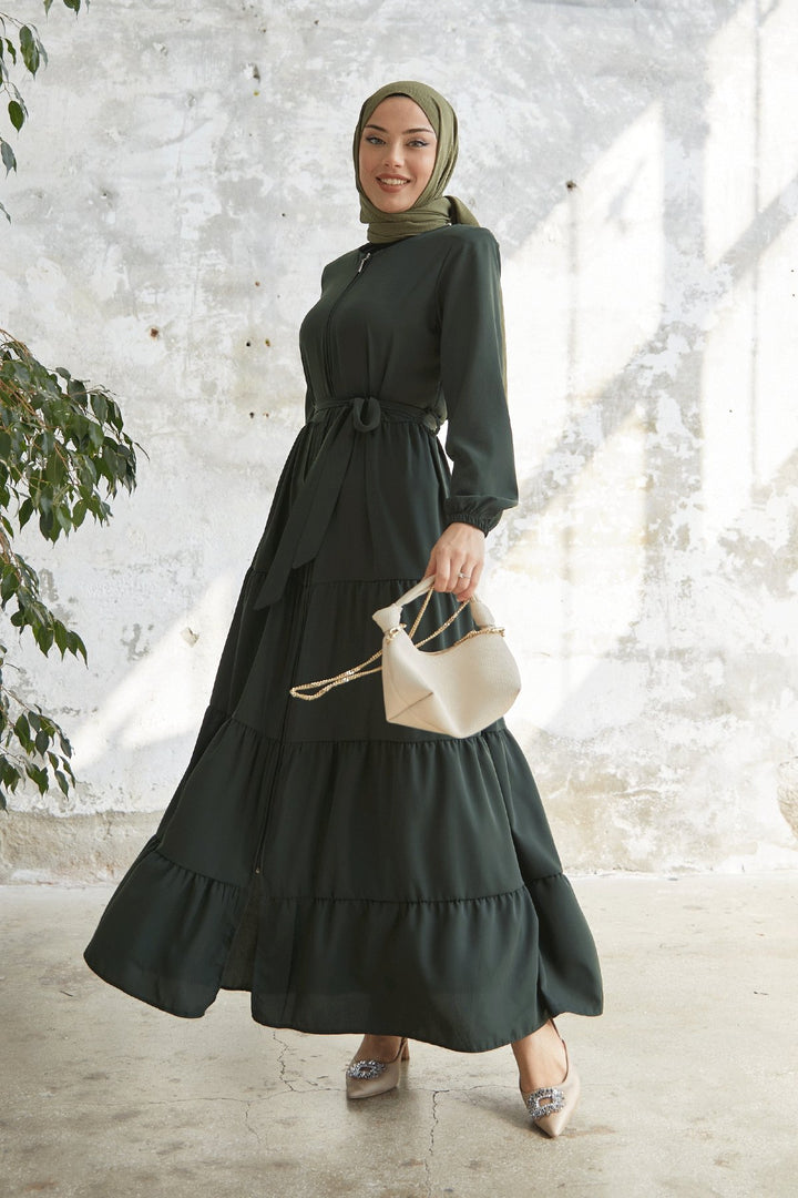 MDS Women Pleated Hem Belted Abaya - Khaki - Solingen