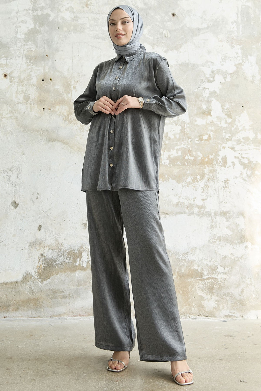 MDS Women Shirt Collar Sequined Two-Piece Set - Anthracite - Springville