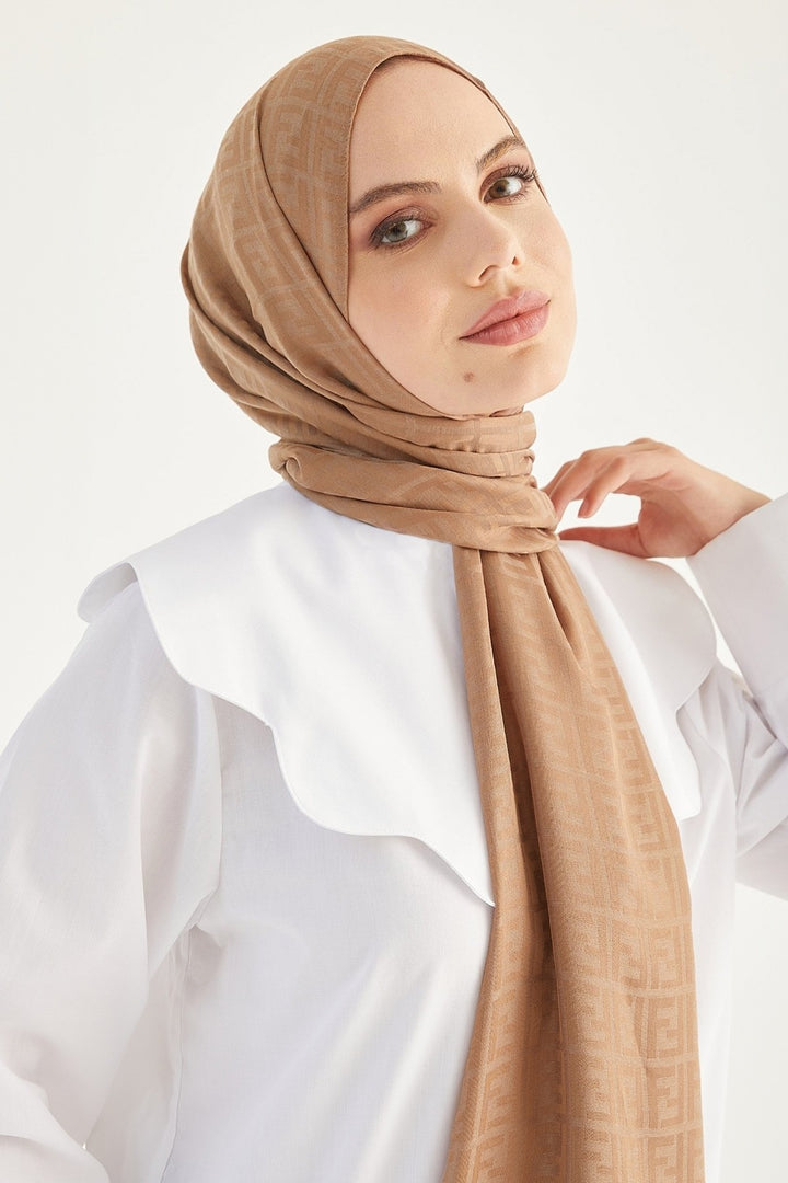 MDS Women Handwoven Jacquard Cotton Shawl - Milky Coffee - Gravesend