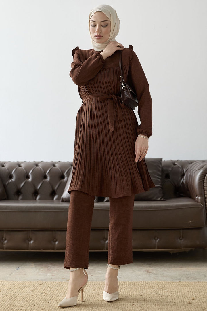 MDS Women Front Pleated Ruffle Detail Set - Brown - Keratsíni