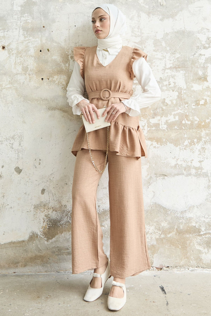 MDS Women Ruffled Shoulder Three Piece Set - Camel - Ilioúpoli