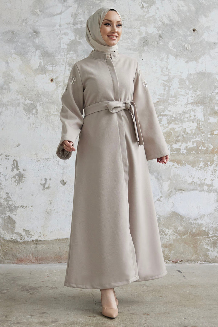 MDS Women Nomira Stone Detail Belted Coat - Cream - Neumarkt