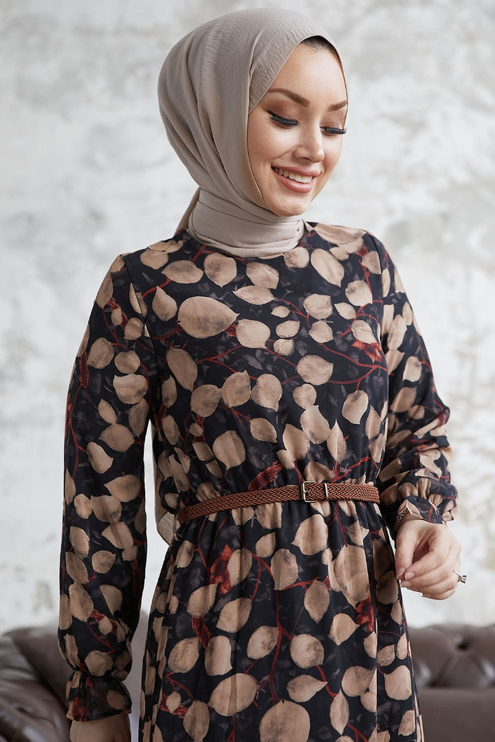 MDS Women Droplet Patterned Belted Chiffon Dress - Camel - Pervomaisk