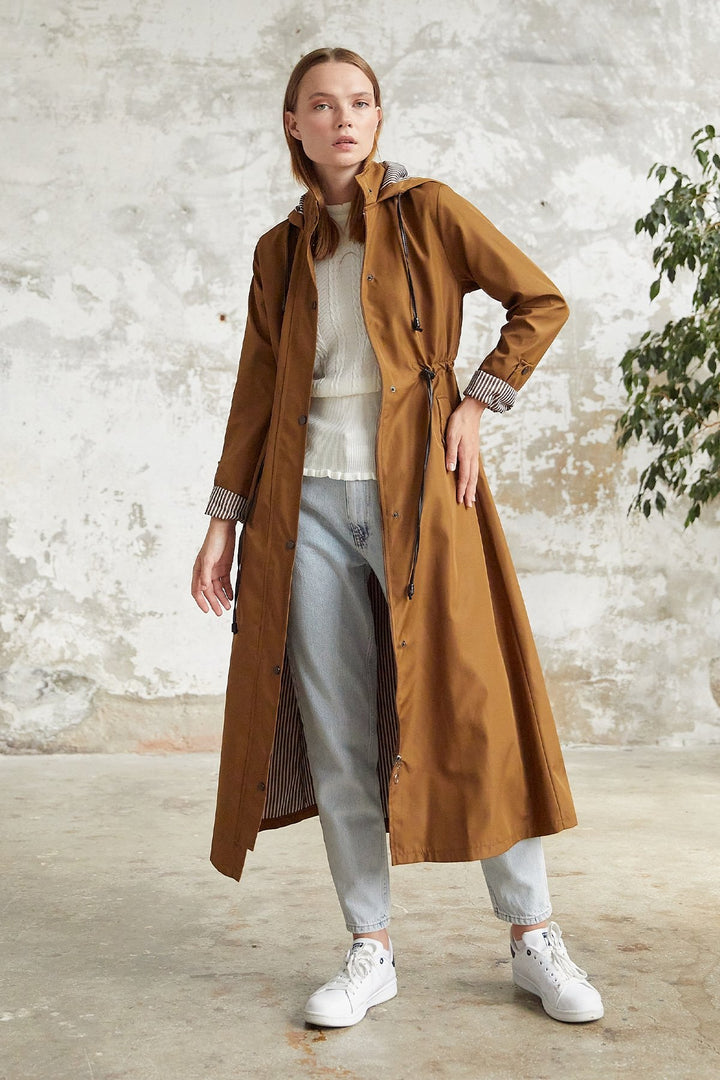 MDS Women Line Pattern Trench Coat - Tan - Jette