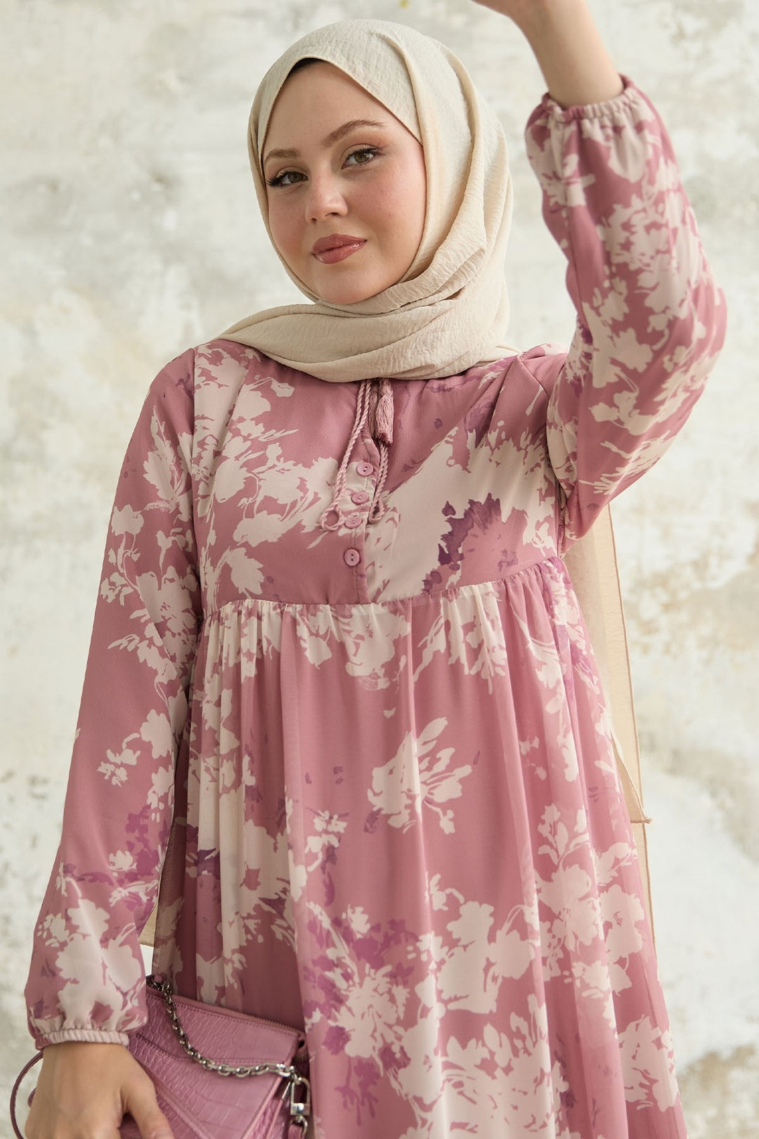 MDS Women Leaf Pattern Front Tasseled Rose Dry Chiffon Dress - Bitterfeld
