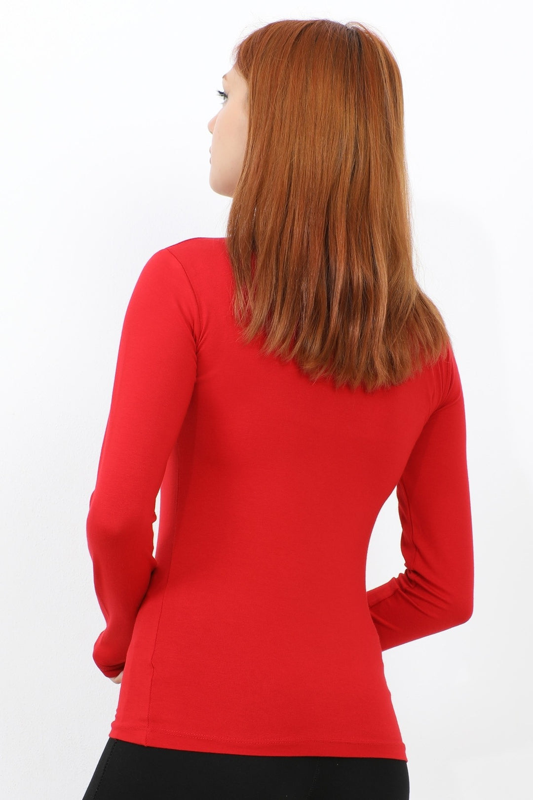 MDS Women Long Sleeve Fisherman Collar Basic Bodysuit - Red - Stains